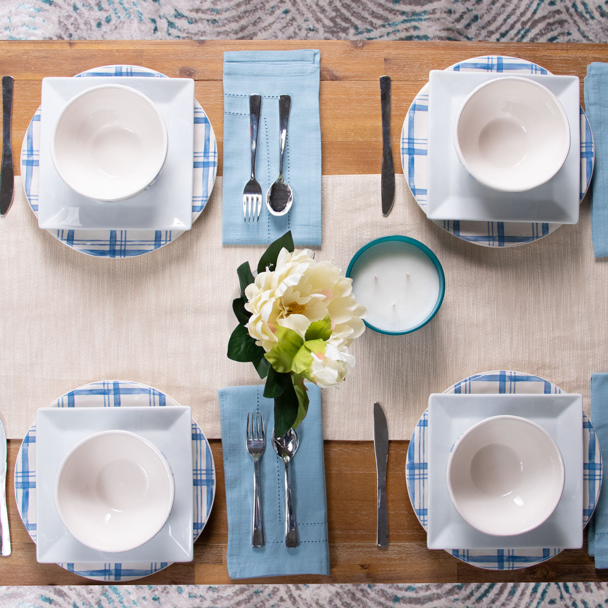 Pier 1 Country Blue Plaid Set of 4 Rice Bowls