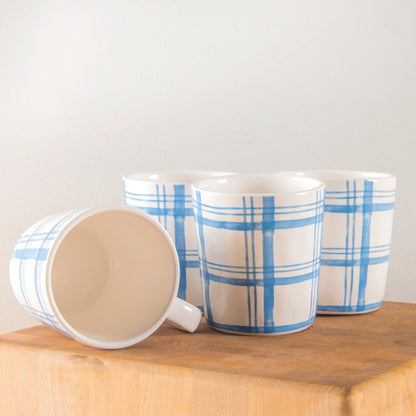 Pier 1 Country Blue Plaid Set of 4 Mugs